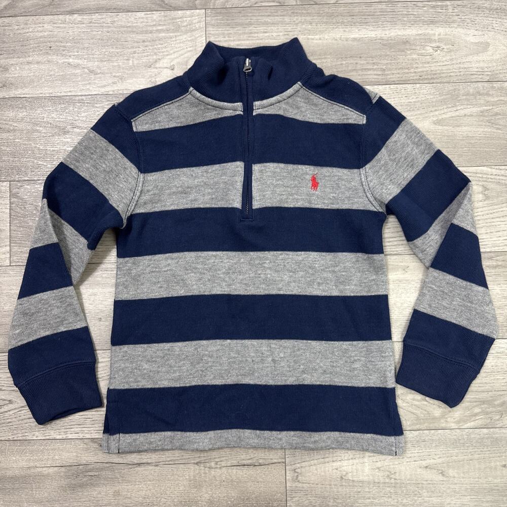 POLO Ralph Lauren 1/4 Zip Pullover Sweater Navy Blue Gray Stripe sz 4